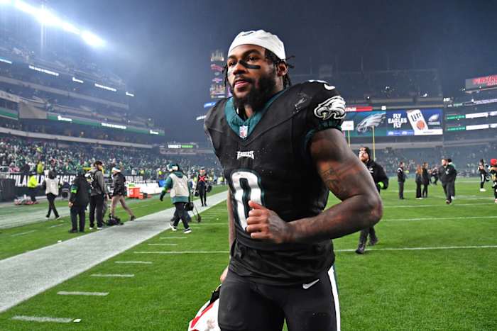 Dec 25, 2023; Philadelphia, Pennsylvania, USA; Philadelphia Eagles running back D'Andre Swift (0) runs off the field after win against the New York Giants at Lincoln Financial Field.